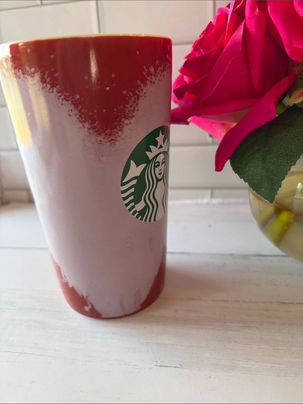 Starbucks Red Ombre Ceramic Mug with Green Logo  Heart design